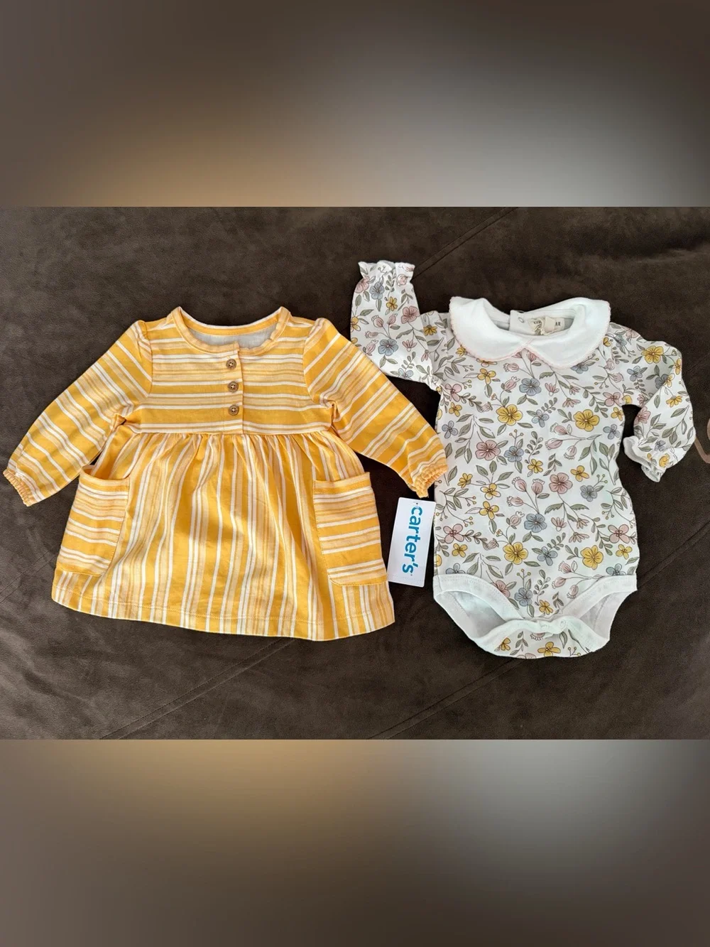 Two pieces Carter’s Yellow Striped Dress AND  Floral Collar Bodysuit